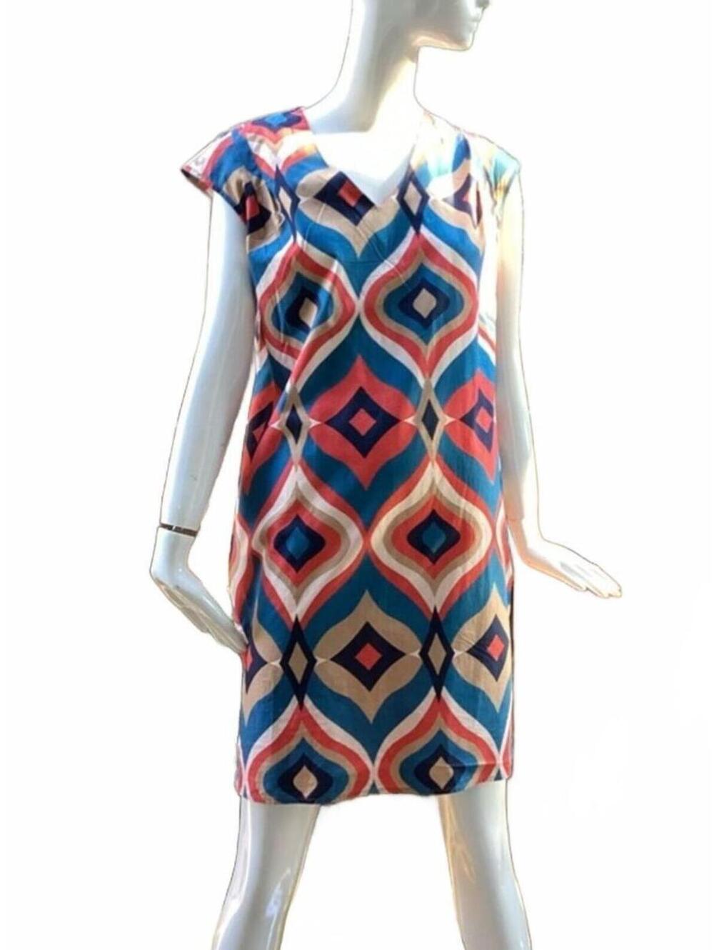 VLT’s By Valentina’s Blue Coral Geometric Print Shift Dress Cap Sleeve Cotton Lg